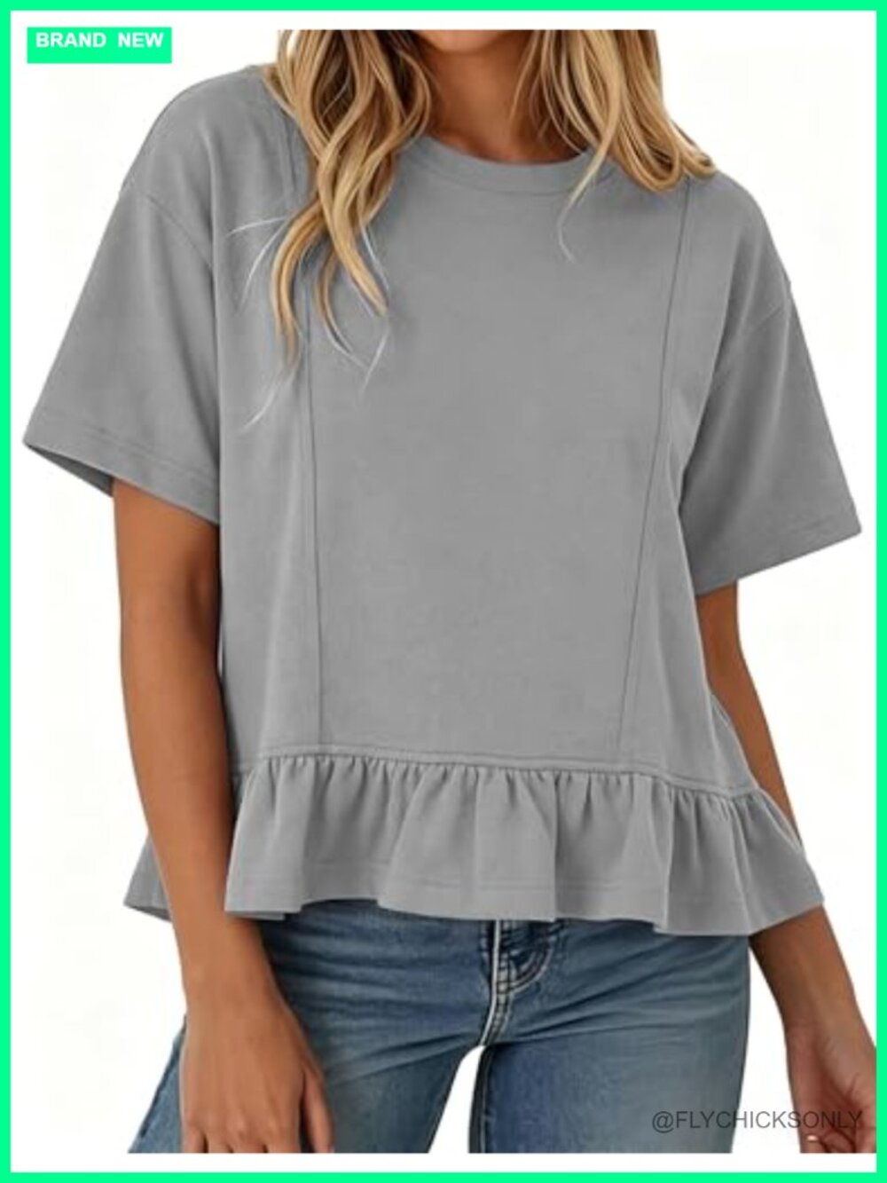 Women Summer Short Sleeve Peplum Hem Knit Tee Crew Neck Ruffled Top